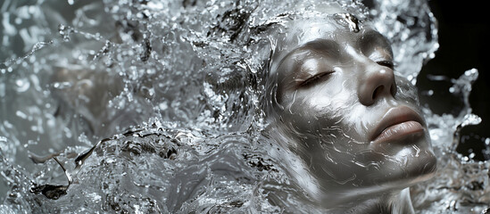 Woman's face covered in liquid silver or mercury - obrazy, fototapety, plakaty