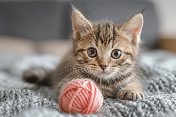 Tabby kitten with a pink yarn ball