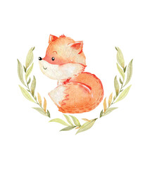 Vector watercolor composition with cute fox on a white background. Nursery poster. - 781896241
