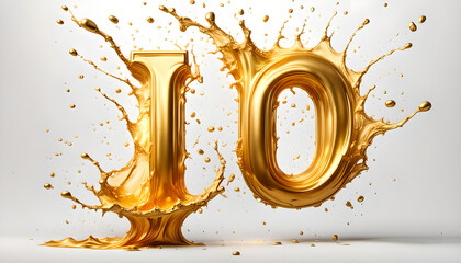 goldene große Zahl 10 umspült von einer dynamisch bewegten Welle aus flüssigem Gold Spritzer, edel und leuchtend als Hintergrund und Vorlage für Gestaltung  Symbol Logo 3D Metall - obrazy, fototapety, plakaty