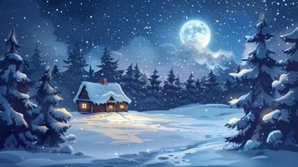 Fototapeta premium Cozy cabin in a snowy forest under a full moon, perfect for winter holiday and storybook themes.