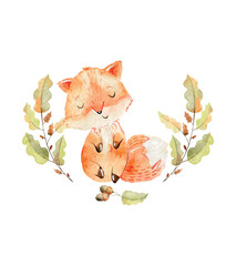 Vector watercolor composition with cute fox on a white background. Nursery poster. - 781896400
