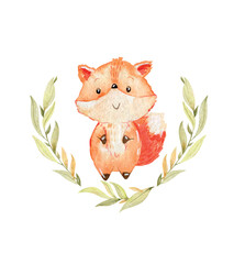 Vector watercolor composition with cute fox on a white background. Nursery poster. - 781896601