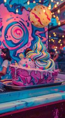 Fototapeta na wymiar A colorful ice cream cone with rainbow sprinkles on top sits on a silver tray