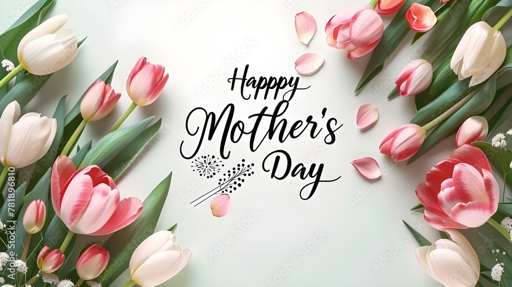 Wall mural a modern illustration of a happy mother's day, with paper flowers and letteron. the illustration can