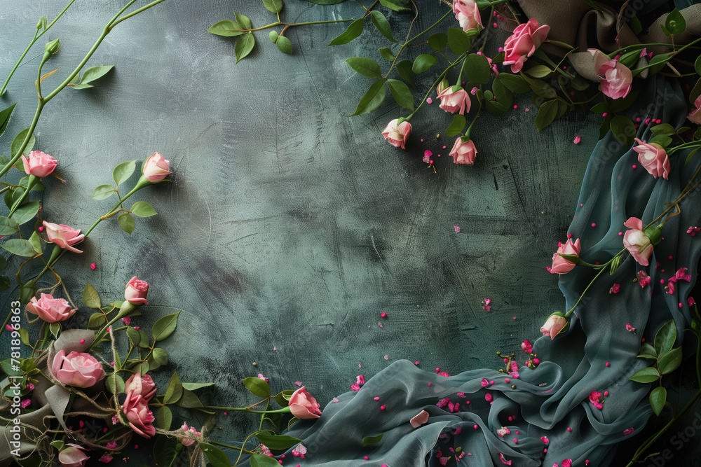 Poster slide background with colorful leaves and flowers framing on a painted wall. background image. creat