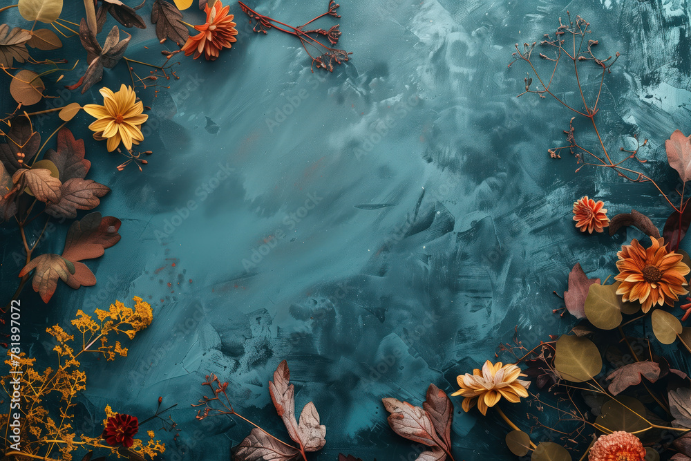 Poster slide background with colorful leaves and flowers framing on a painted wall. background image. creat