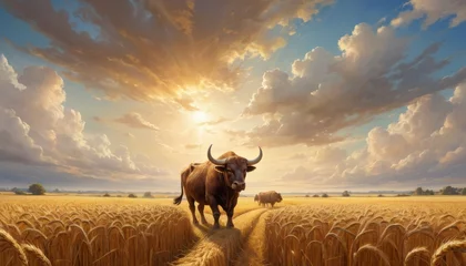 Foto op Canvas A majestic highland bull stands prominently in the golden wheat fields, with a dynamic sky at sunset creating a stunning backdrop. AI Generation © Anastasiia