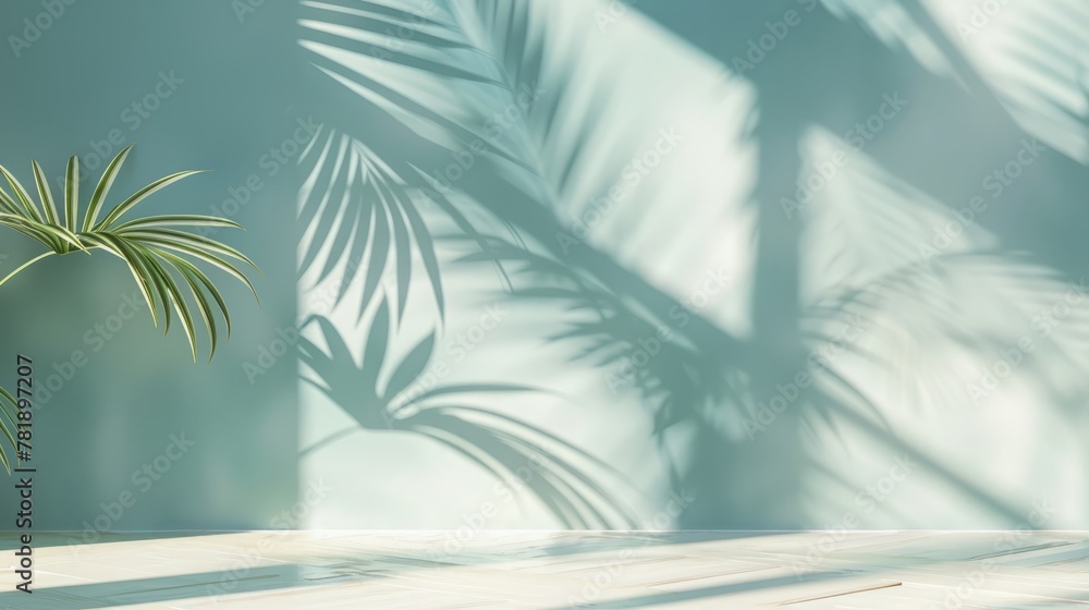 Poster a tranquil sky blue background with subtle palm leaf shadows on a light cream wall, creating a refre