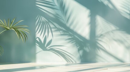 A tranquil sky blue background with subtle palm leaf shadows on a light cream wall, creating a refreshing spring ambiance for product displays. space for text, copy space