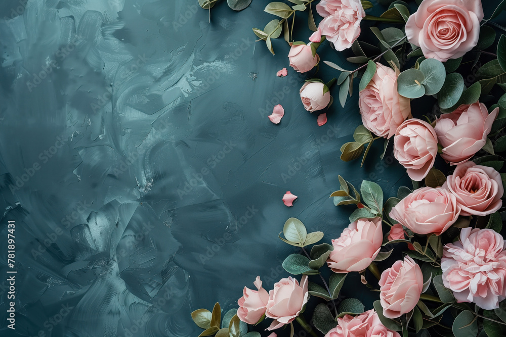 Poster slide background with colorful leaves and flowers framing on a painted wall. background image. creat