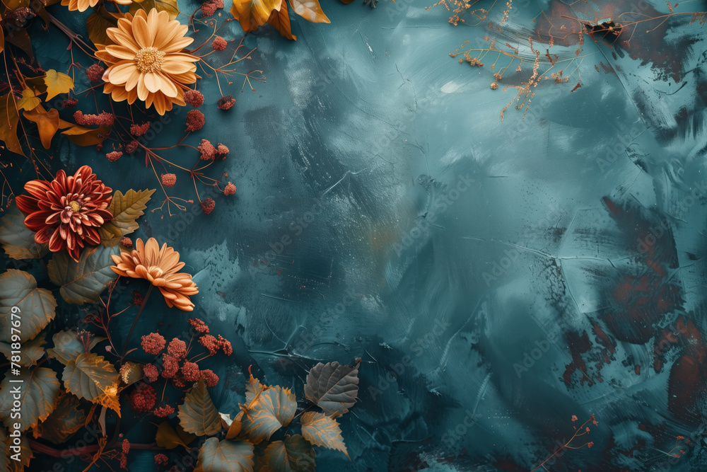 Poster slide background with colorful leaves and flowers framing on a painted wall. background image. creat