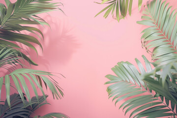 Fototapeta na wymiar Slide background with tropical leaves framing on a pink painted wall. Background image. Created with Generative AI technology.