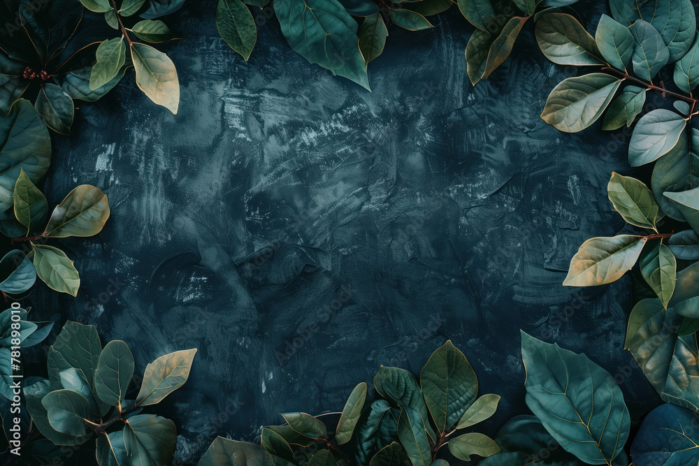 Poster slide background with green leaves framing on a black painted wall. background image. created with g