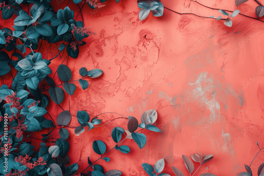 Poster slide background with colorful leaves framing on a red painted wall. background image. created with 