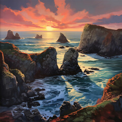 Ocean's Symphony: A Tapestry of Fire & Water as Twilight Paints the Rugged Coast