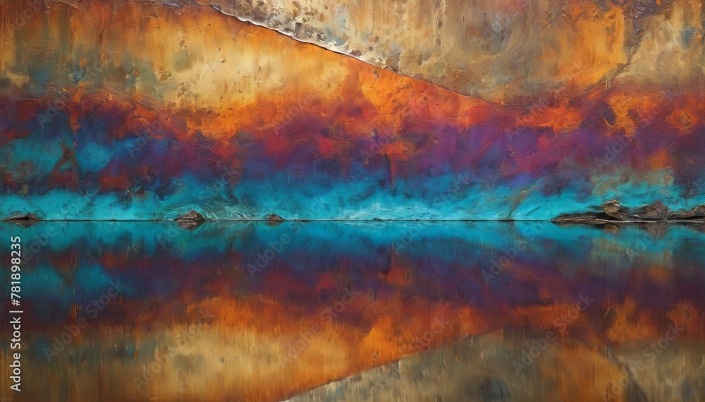Poster an abstract image presenting a rich metallic texture resembling a landscape with vivid orange and bl