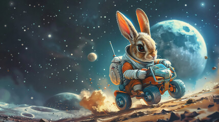 Cartoon rabbit astronaut moon adventure, racing rover, right upper text area - obrazy, fototapety, plakaty