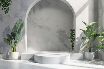 White podium with plants and arch in interior mockup for presentation of cosmetic products. Simple composition, feminine