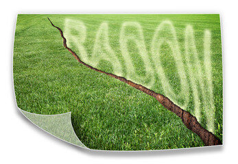 A green mowed lawn with a diagonal crack with radon gas escaping - concept image with copy space
