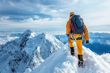Obraz premium Climber reaching the summit, illustrating triumph over daunting challenges