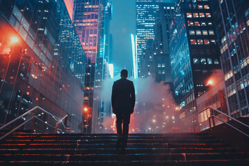 Climbing to success, Businessman on steps with a backdrop of nightlit New York skyscrapers - obrazy, fototapety, plakaty