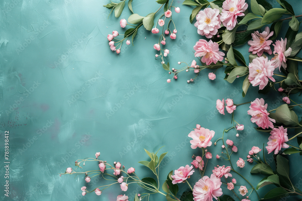 Poster slide background with colorful leaves and flowers framing on a painted wall. background image. creat