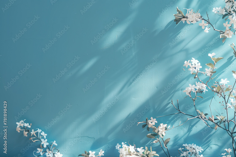 Poster slide background with blossom branches framing on a blue painted wall. background image. created wit