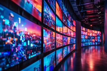 Futuristic video wall with multiple screens, offering a panoramic view of multimedia broadcasting - obrazy, fototapety, plakaty