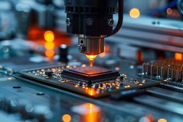 Inside the electronics production industry PCB with microchip on assembly conveyor