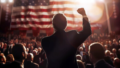 Naklejka premium USA president raise fist in the air background. Generative ai design art concept.