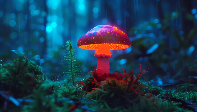 Glowing neon mushroom in forest. Generative ai design concept.