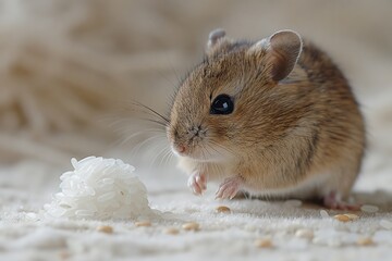 Scene of a small rodent cautiously approaching a single grain of rice