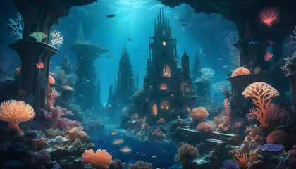 Fototapeta na wymiar An-Underwater-City-Glowing-With-Bioluminescent-Cor- 2