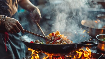 Street chefs flair, expertly tossing Pad Thai in a hot wok, urban setting