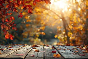 Table with a background of softfocus autumn scenery, ideal for harmonious fall themes