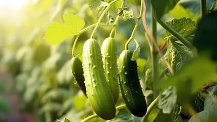 Fresh green cucumber in garden. Generative ai design concept. - obrazy, fototapety, plakaty