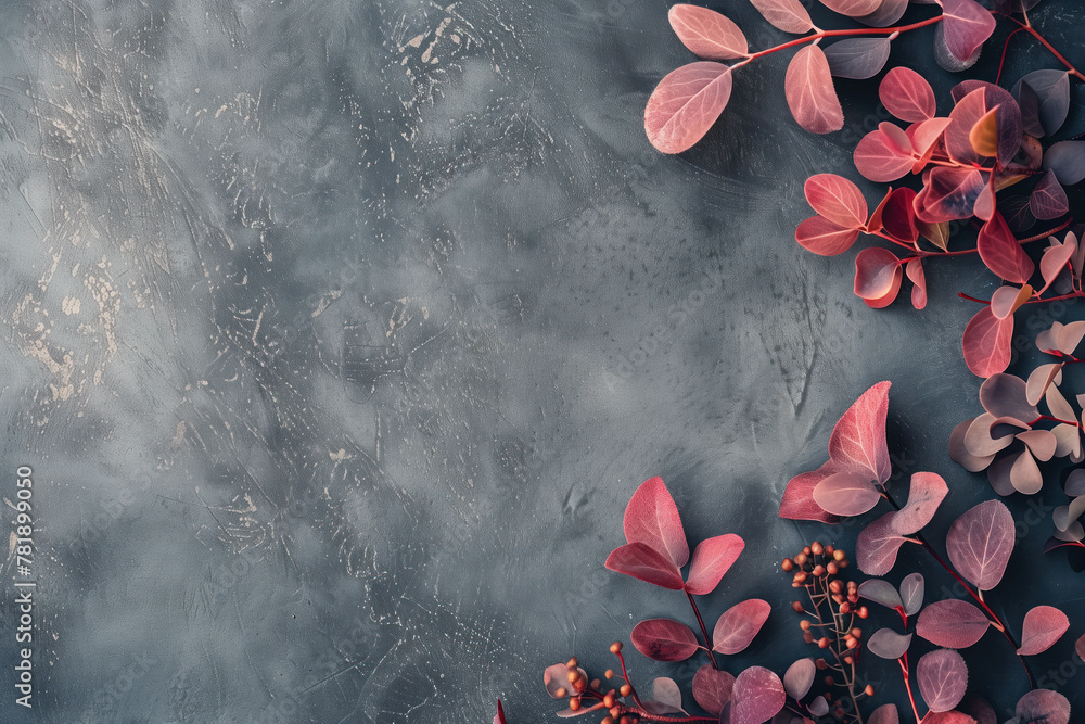 Poster slide background with colorful red leaves framing on a painted wall. background image. created with 
