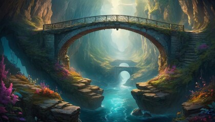 A stone bridge arches gracefully over a crystal-clear river in an enchanted forest setting, surrounded by lush flora and bathed in the soft light of dawn. AI Generation