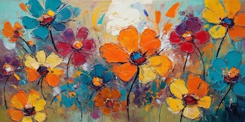 Oil painting of flowers on canvas. Colorful flowers. Abstract background.