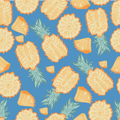 Blue background flat design seamless pattern with pineapples
