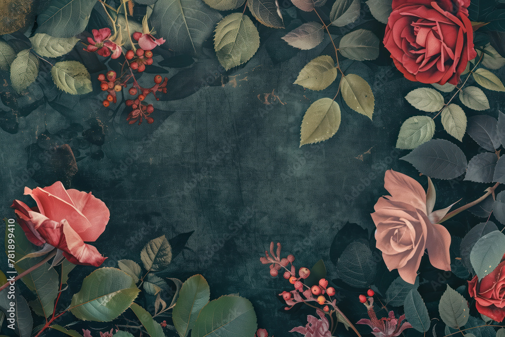Poster slide background with leaves and flowers framing on a painted wall. background image. created with g