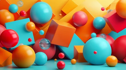 Fotobehang 3D Geometric Shapes: A vibrant composition of colorful cube, pyramid, and sphere © MAY