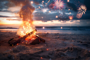 San Juan bonfire on the beach with fireworks