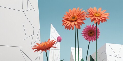 Flower in front of a white wall with geometric shapes and blue sky.