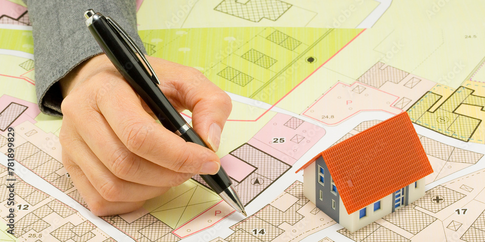 Poster engineer drawing over an imaginary cadastral map of territory an