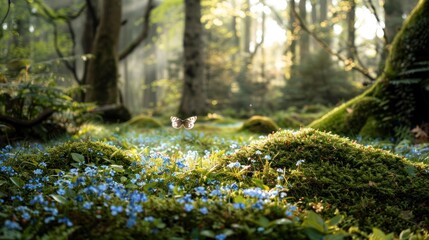 tranquil woodland glade with a delicate butterfly alighting on a patch of forget-me-nots, as sunlight filters through the canopy above, illuminating the lush moss-covered ground  