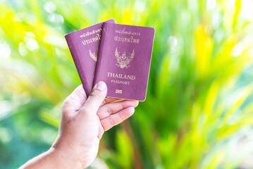 Hand holding Passport and Airline tickets with Airplane . Travel Concept - obrazy, fototapety, plakaty