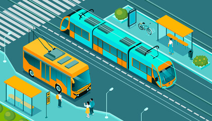 Isometric public transport illustration with a cityscape - 781900012