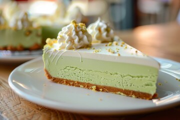 A slice of green pistachio cheesecake decorated with whipped cream, served on a round plate in a cafe setting. Sliced Green Pistachio Cheesecake on Plate - obrazy, fototapety, plakaty